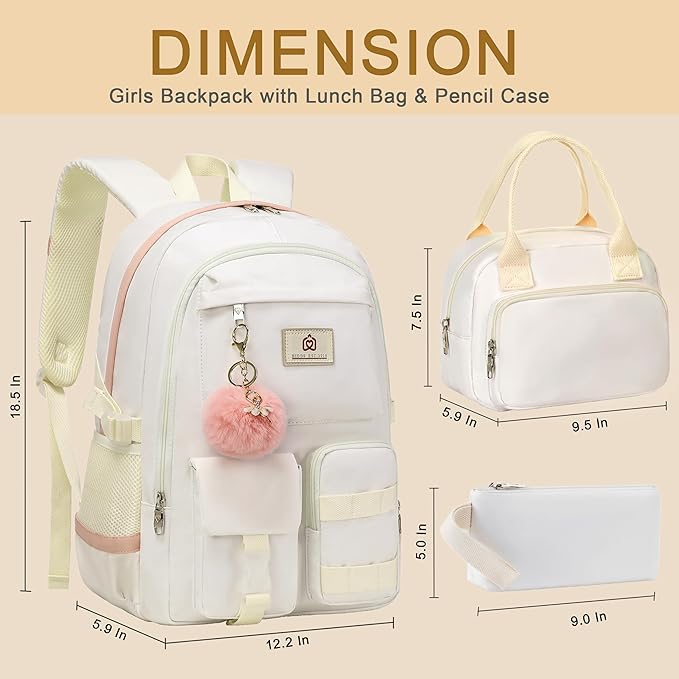 School Backpack for Teen Girls Women College Laptop Backpacks Kids Cute Bookbag Set with Lunch Box Pencil Case Elementary Middle High Campus Bag 3 Pcs Students Bookbags Sets Travel Daypack-Beige