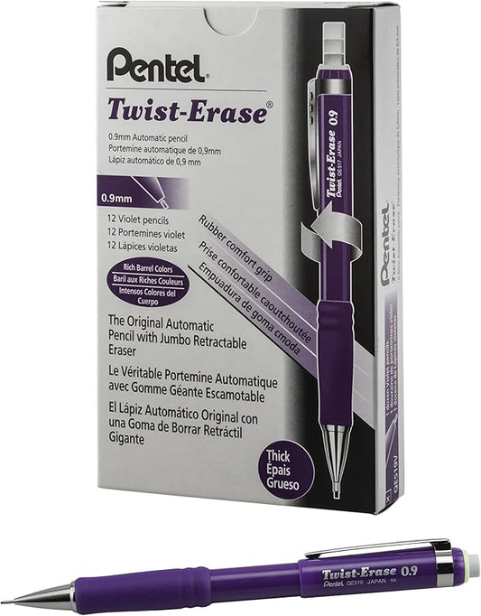 Pentel Twist-Erase III Mechanical Pencil, (0.9mm), Violet Barrel, Box of 12 (QE519V)