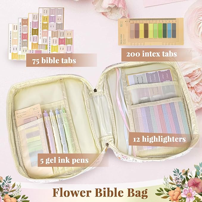 Bible Cover Case for Women,Bible Study Supplies Accessories,Bible Journaling Kit,Pink Flower Carrying Case with Highlighters