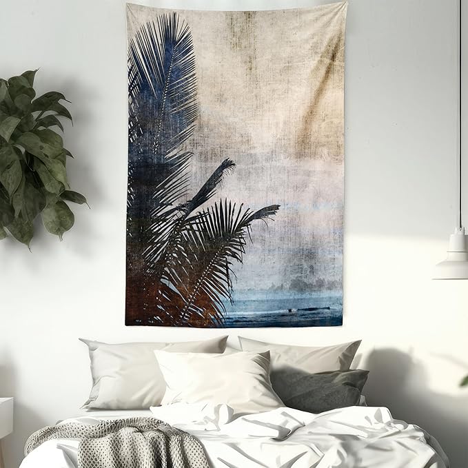 Ambesonne Hawaiian Tapestry, Palm Tree Leaves on Grunge Background with Sea Vintage Waterscape Illustration, Fabric Wall Hanging Decor for Bedroom Living Room Dorm, 30" X 45", Beige Indigo