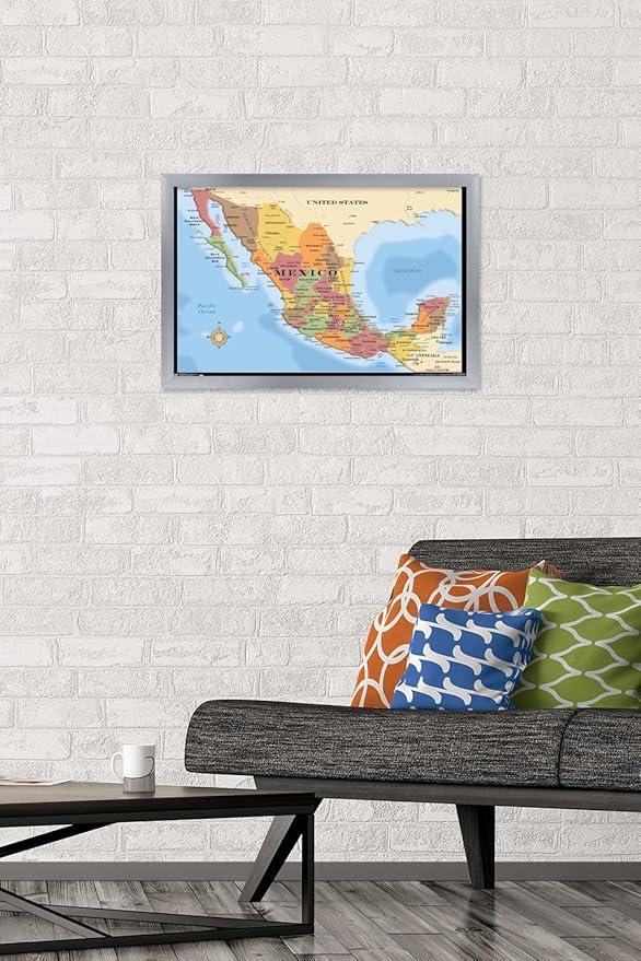 Trends International Map - Mexico Wall Poster, 14.725" x 22.375", Silver Framed Version