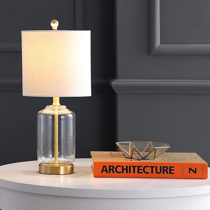 JONATHAN Y 19.5" Brass Gold and Clear Glass Table Lamp, Glam Transitional Bedside Lamp for Living Room Nightstand, White Linen Drum Shade, LED Bulb Included JYL1033A