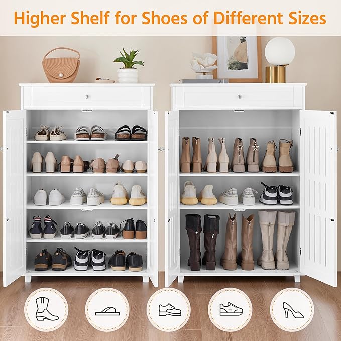 Yaheetech Shoe Cabinet, 5-Tier Shoe Rack Organizer with 1 Drawer, Freestanding Wooden Shoe Storage Cabinet with 2 Louvered Door & Adjustable Shelves for Entryway Hallway, White