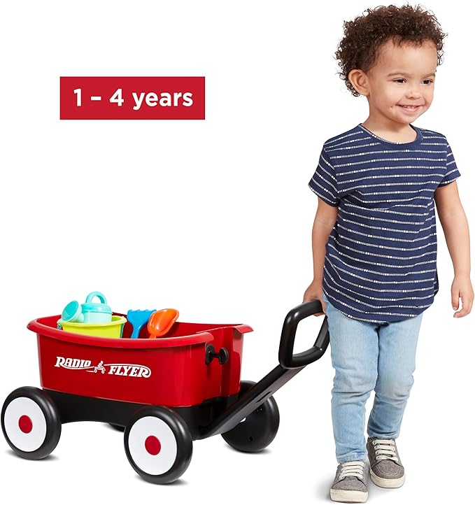 Radio Flyer My 1st Wagon 2-in-1 Walker & Pull Wagon with Beach and Garden Tools for Toddlers Ages 1-4, Red Amazon Exclusive