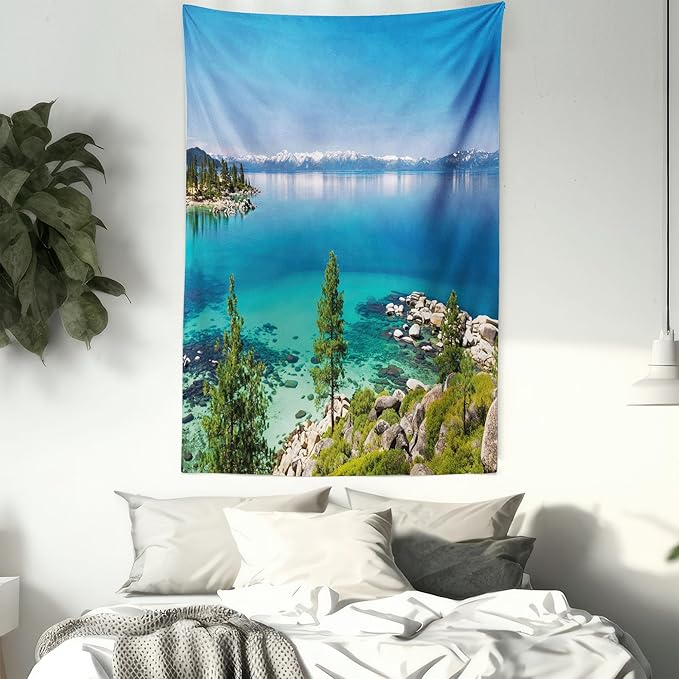Ambesonne Blue Tapestry Queen Size, Tranquil View of Lake Tahoe Sierra Pines on Rocks with Turquoise Waters Shoreline, Wall Hanging Bedspread Bed Cover Wall Decor, 88" X 88", Blue Grey Green