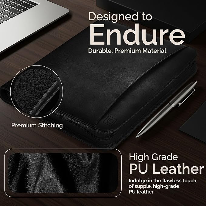 Black Zippered Leather Portfolio Binder - PU Leather Business Portfolio Organizer - Padfolio for Men & Women with US Letter Notepad, 10.5 Inch Tablet Pocket & Gift Box by Lautus Designs