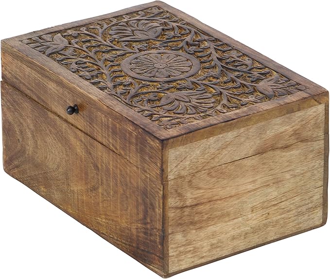 Deco 79 Mango Wood Floral Handmade Decorative Box Decorative Keepsake Boxes with Hinged Lid, Set of 3 Storage Boxes 8", 10", 12"W, Brown