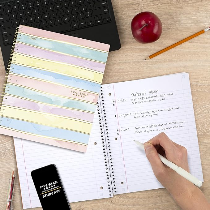 Five Star Spiral Notebook + Study App, 1 Subject, Wide Ruled, 8" x 10-1/2", 80 Sheets, Fights Ink Bleed, Water Resistant Cover, Pastel Stripes (930209F-ECM)