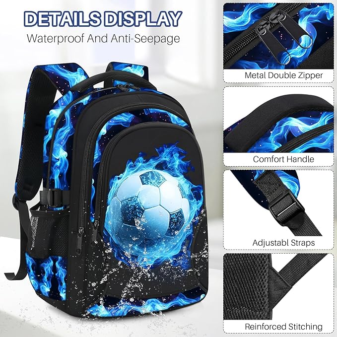 School Backpacks for Boys - 4pcs Soccer Boys Backpacks with Lunch Box Set for Kids Teens Elementary Middle School, 17″ Large Capacity Students Bookbag, Perfect for Travel