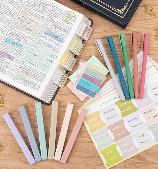 32 Pcs Bible Journaling Kit, Colored Bible Study Supplies, 12 Pastel No Bleed Highlighters and 5 Colored Pens, Transparent Sticky Notes and Bible Tabs Set and More, Book Annotation Kit for Women & Men