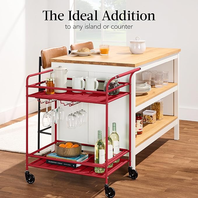 Best Choice Products Rolling Bar Cart, Mobile Home Bar Serving Cart, Serving Station w/ 2 Tier Shelves, Wine Rack, Lockable Wheels - Red