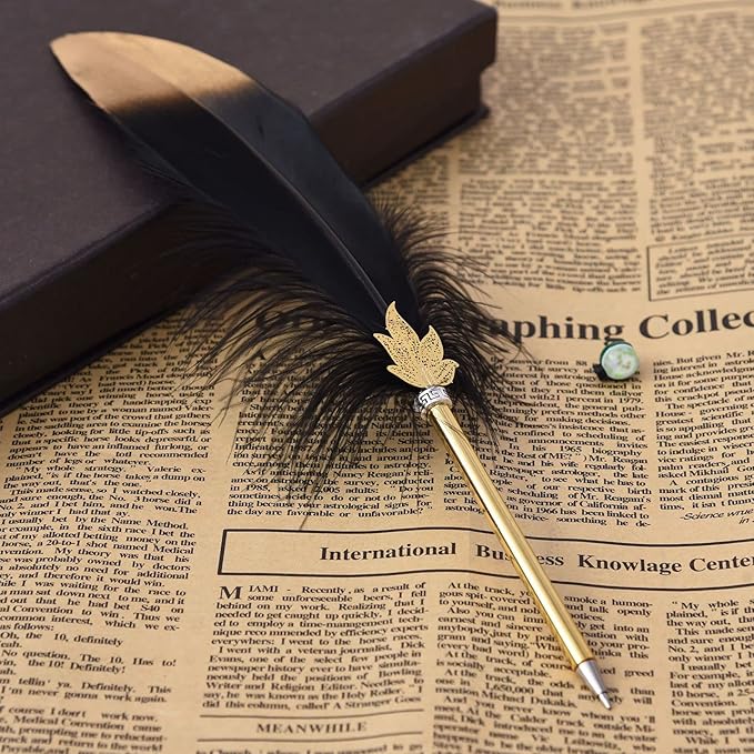 Quill Pen Vintage Feather Calligraphy Pen Refined Quill Ballpoint for Writing Signature or Gift Wedding Bridal (Black)