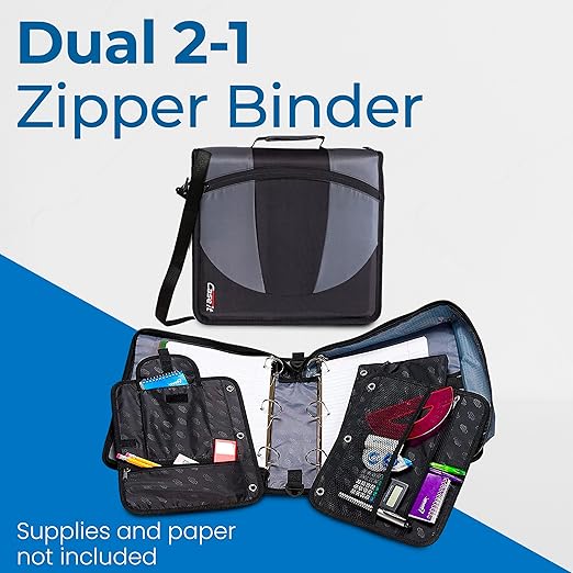 Case-it The Dual 2-in-1 Zipper Binder | Two 1.5-Inch D-Rings, 600 Sheet Capacity, Pencil Pouch & Multiple Pockets | School & Office Organizer with Shoulder Strap | Dual-101 Jet Black