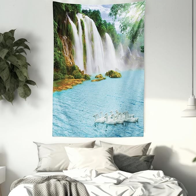 Ambesonne Waterfall Tapestry Queen Size, Image of a Grand Waterfall with Swans in the Lake Sunny Day Nature Print, Wall Hanging Bedspread Bed Cover Wall Decor, 88" X 88", White Green