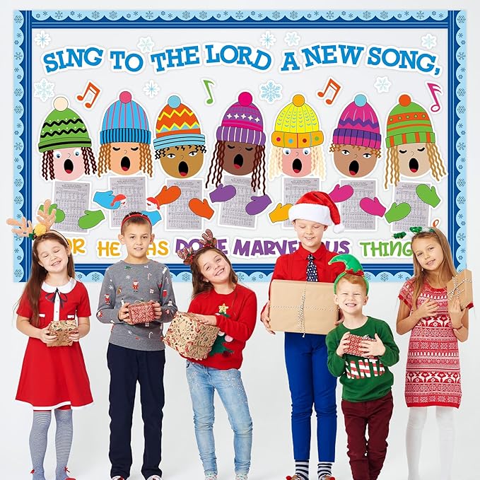 Christmas Religious Bulletin Board Decorations Set Xmas Bulletin Board Winter Hats Choir Cutouts Sing a Song to The Lord Classroom Sunday School Home Chalkboard Wall Holiday Party Decor Supplies