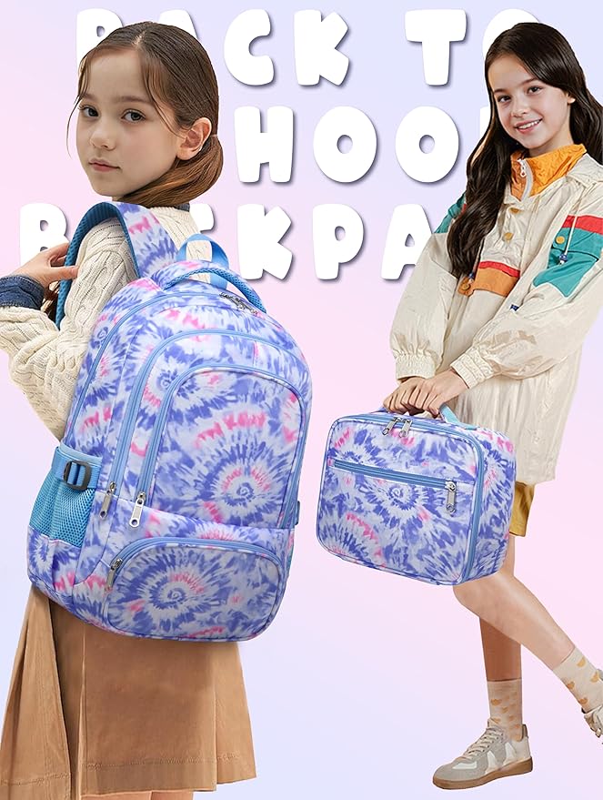 BLUEFAIRY Kids Backpack with Lunch Box for Girls Boys Elementary Primary Middle School Bag with Lunch Bag Set 17 Inch Bookbag Mochilas Escolares para Niñas Niños (Tie-dye, Light Violet)