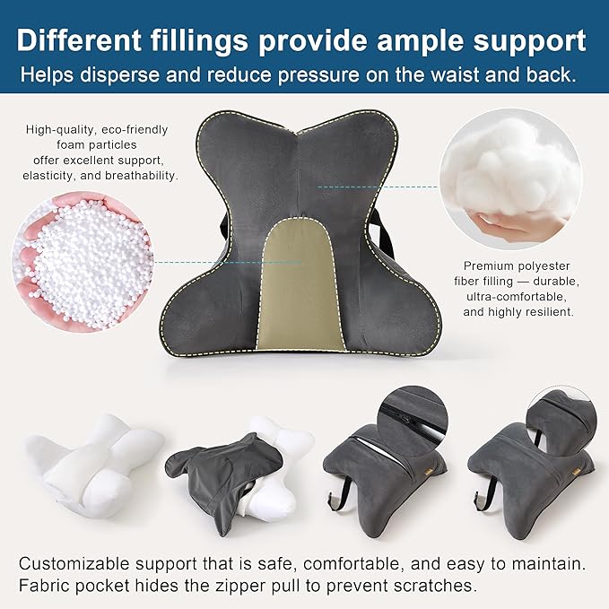 Lumbar Support Pillow(Pat. Pend) – Ergonomic Multi-Zone Back Cushion for Lower Back Pain Relief, Ideal for Office Chair, Car Seat & Home Reading,Steel Gray