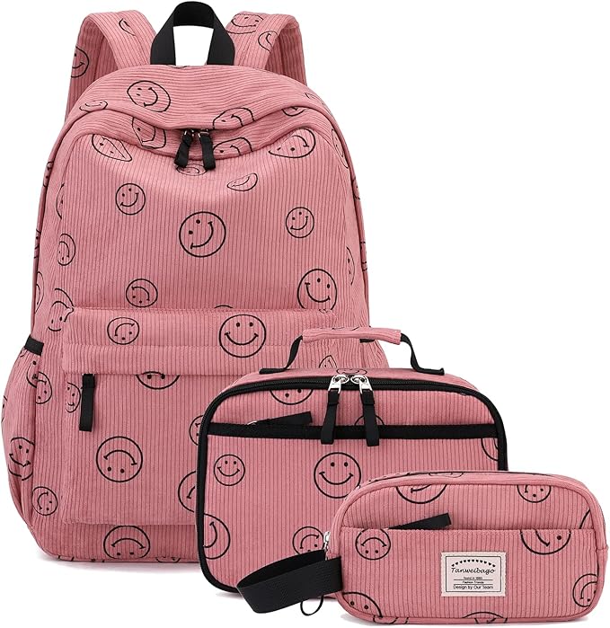 Backpack for Girls Boy Teen Corduroy Bookbags Elementary Middle High School Women Laptop Bag with Lunch Box Pencil Bag (Smile Pink)