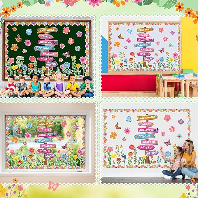 Epakh Spring Bulletin Board Decorations Set Spring Flowers Classroom Decor Flower Butterfly Accents Signpost Paper Cutouts for Door Wall Butterfly Floral Theme Party Supplies
