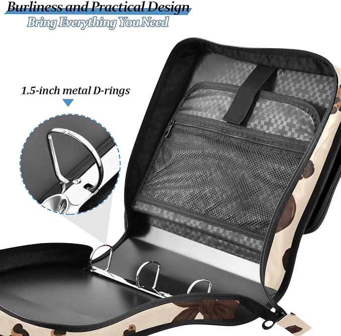 3 Ring Zipper Binder with Shoulder Strap Leopard Print Bow Pattern 1.5 inch Binders Keeper Large Capacity Multi Pockets for School Office Supplies