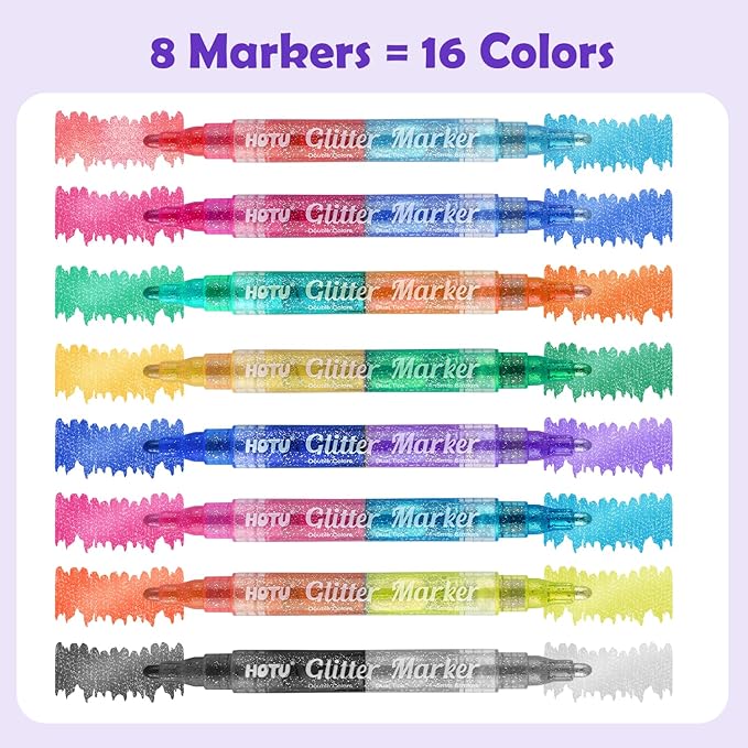 Glitter Markers Pens, 16 Colors Glitter Acrylic Paint Pens, Sparkly Metallic Dual-Tone Reversible Smooth Tips Shimmer Marker 8 Count for Coloring, Rock Painting, Wood, Fabric, DIY Craft