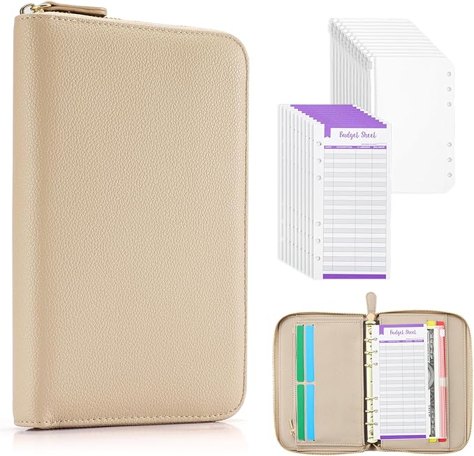 SEEKIND A6 Budget Binder, Money Saving Binder with Zipper Envelopes, PU Leather Wallet Budget Planner,Cash Envelopes and Expense Budget Sheets for Budgeting (Apricot)