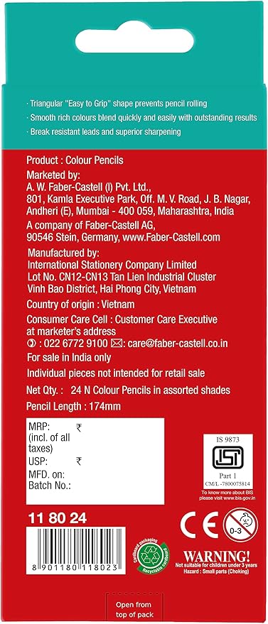 Faber Castell 24 Tri-colour Pencil Set Best Grip Includes Silver & Gold
