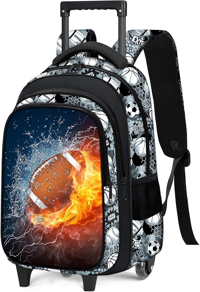 Boys Rolling Backpack for Kids - American Football Kids Rolling Backpack with Wheels for Elementary Middle School Students - Roller School Bookbag Aged 6-18, Wheeled Travel Bag Large Capacity