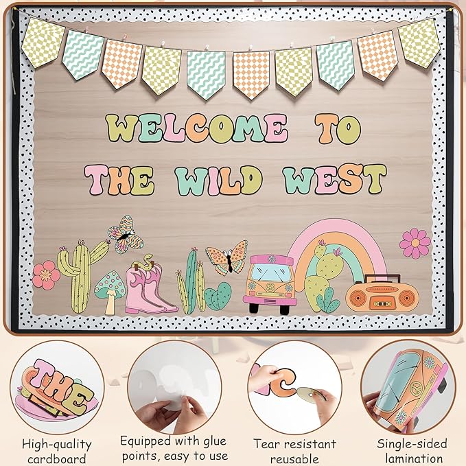 Welcome Bulletin Board Decorations Set, Groovy Wild Western Classroom Decorations Cacti, Bus, Rainbow Cutouts for Welcome Back to School Teachers Supplies Classroom Door Wall Decor