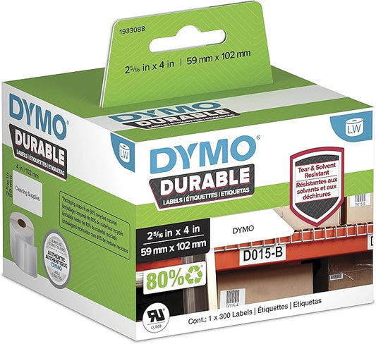 DYMO LW Durable Industrial Labels for LabelWriter Label Printers, White Poly, 2-5/16” x 4”, 1 Roll of 300