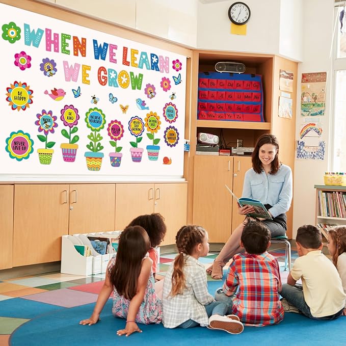 82Pcs Spring Themed Flower Growth Mindset Bulletin Board Set Classroom Decorations When We Learn We Grow Floral Cutouts Positive Sayings Colorful Flower Cutouts for Kids School Offices Supplies