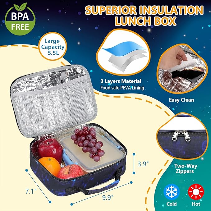 Boys Backpack with Lunch Box Glow in Dark Kids Ages 4-12 Kindergarten Elementary Middle School Teens Bookbag Mochilas Para Niños, Luminous Face Black Blue