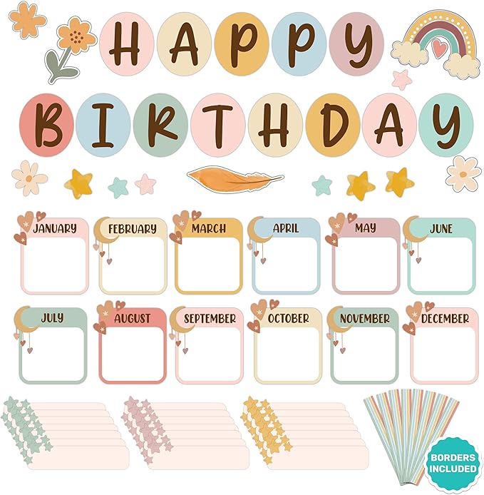 Decorably 97 Pcs Cutouts Boho Birthday Bulletin Board Decorations Set with Borders - Gloss-Laminated Cardstock, Easy-to-Write-on & Erase, for Classroom, School Hallways, Study Room