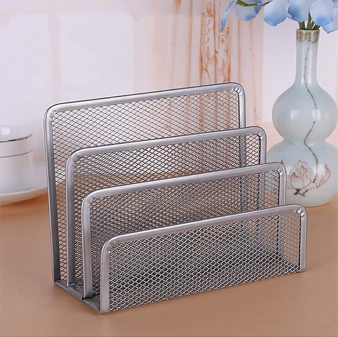 VANRA 2 Small Letter Sorters Desktop File Holder Organizer Metal Mesh with 3 Vertical Upright Compartments (2 Silver)