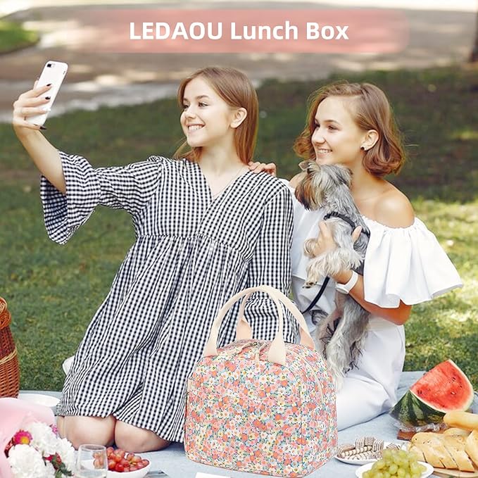 LEDAOU Lunch Box for Women Insulated Lunch Bag Corduroy Lunch Tote Bags Leakproof Cooler Lunch Case for Travel Work Picnic