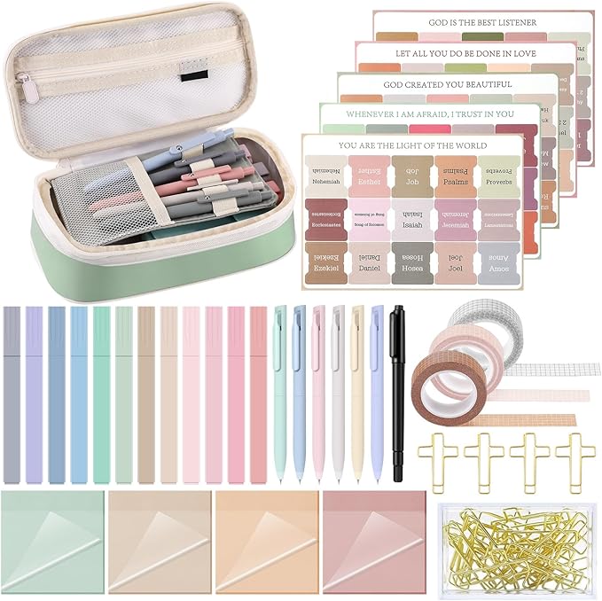 137 Pcs Bible Study Supplies Journaling Kit 1 Pencil Case 12 Highlighters 4 Sticky Notes 6 Gel Pens 35 Paper Clips 3 Tapes 1 Markers 75 Tabs for Christmas Bible School Gifts(Boho Color)