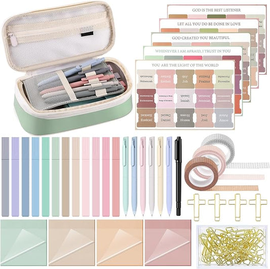 137 Pcs Bible Study Supplies Journaling Kit 1 Pencil Case 12 Highlighters 4 Sticky Notes 6 Gel Pens 35 Paper Clips 3 Tapes 1 Markers 75 Tabs for Christmas Bible School Gifts(Boho Color)