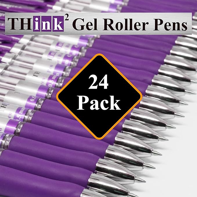 [24 Pens - Purple Ink] Think2 Retractable Gel Pens. (24 Purple) Fine Point (0.5mm) Rollerball Pens with Comfort Grip.