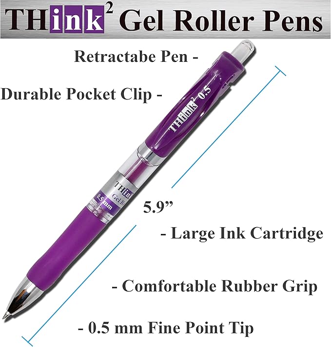 [24 Pens - Purple Ink] Think2 Retractable Gel Pens. (24 Purple) Fine Point (0.5mm) Rollerball Pens with Comfort Grip.
