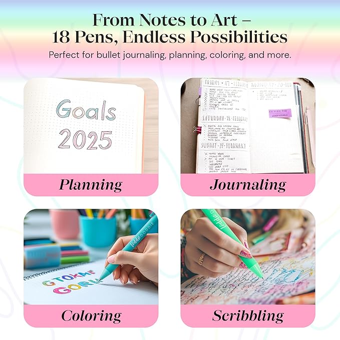 Loddie Doddie Retractable Gel Pens with Satin Barrel - Fine Point - 18 Bright Color Pens for Bullet Style Journals, Notebooks, Planners, Calendars, Notes & Drawing, Use at Home, Office, School, Crafts