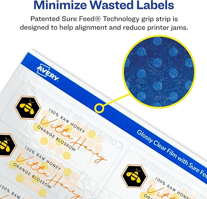 Avery Glossy Clear Address Labels, Sure Feed Technology, Laser/Inkjet, 1" x 2-5/8", 300 Labels, 5 Packs (6521)