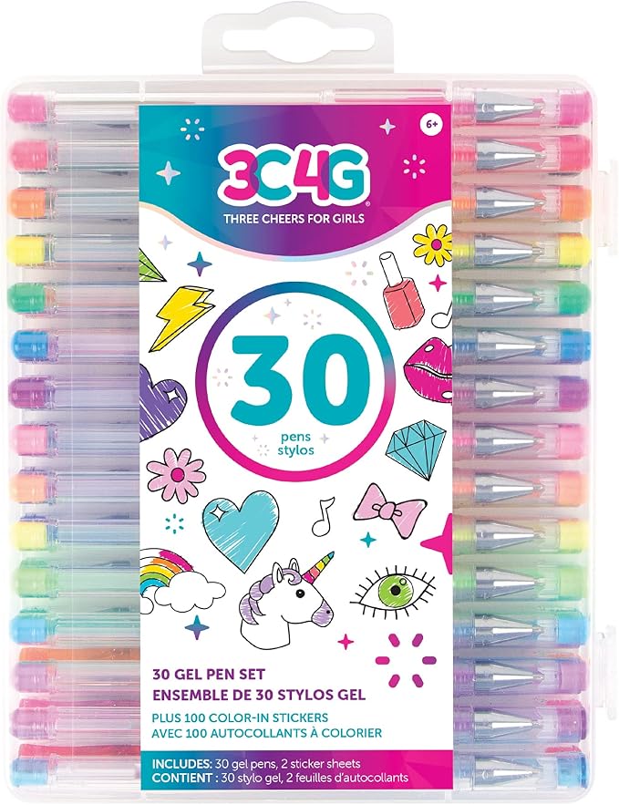 Three Cheers for Girls by Make It Real - 30 Piece Gel Pen Set - Colored Gel Pens with Metallic, Pastel, Neon, Rainbow & Glitter - Cute Pens for Drawing, Coloring or Journaling - Includes 100+ Stickers