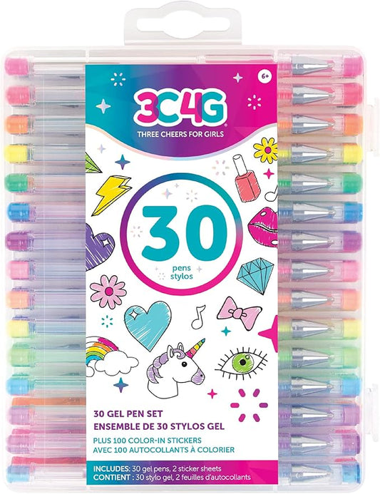Three Cheers for Girls by Make It Real - 30 Piece Gel Pen Set - Colored Gel Pens with Metallic, Pastel, Neon, Rainbow & Glitter - Cute Pens for Drawing, Coloring or Journaling - Includes 100+ Stickers
