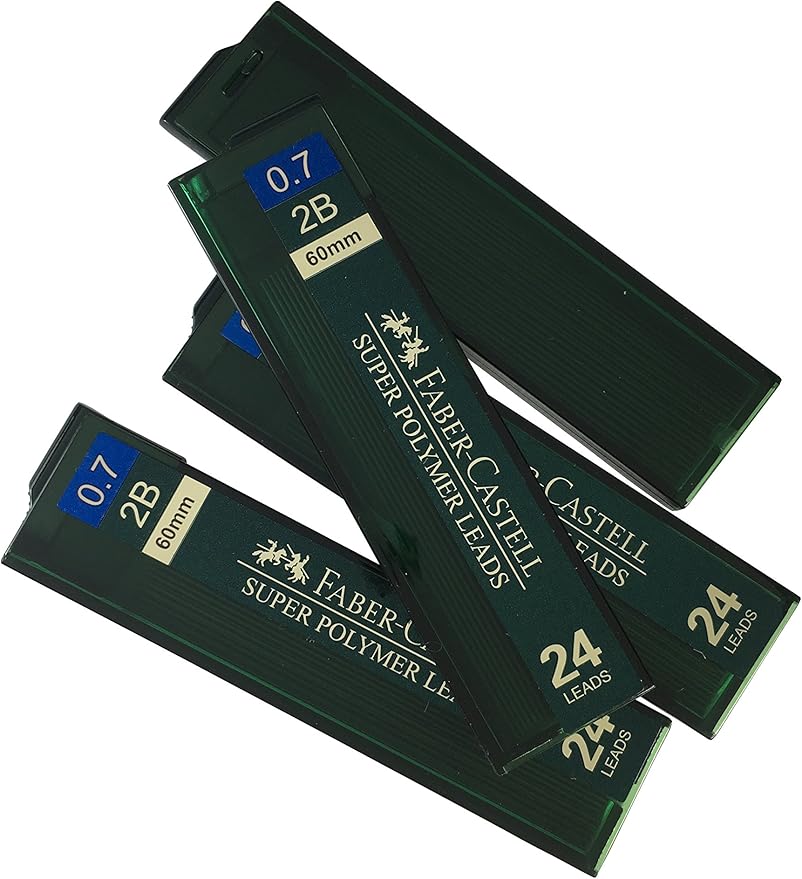 Faber-Castell 0.7mm 2B Super Polymer Premium Strong Dark Smooth Leads Mechanical Pencil Lead Refills For All 0.7 mm Mechanical Pencils (4 Tubes, 24 Leads Per Tube - Total 96 leads)