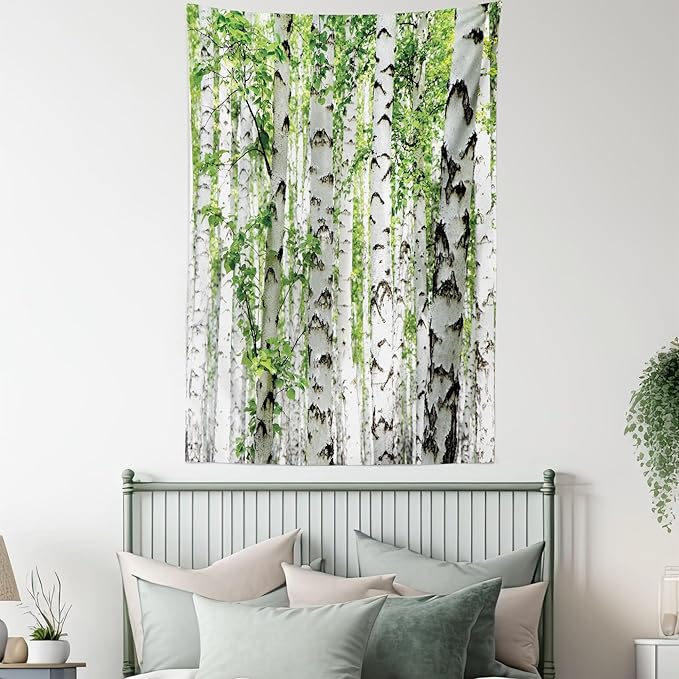 Ambesonne Woodland Tapestry Twin Size, Birch Trees in The Forest Summertime Wildlife Nature Outdoors Themed Picture, Wall Hanging Bedspread Bed Cover Wall Decor, Twin Size, White Green