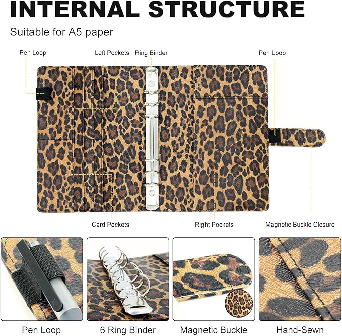 A5 Refillable 6 Ring Faux Leather Budget Binder,Mini Notebook Binder Cover for A5 Filler Paper,Loose Leaf Personal Planner Cover with Magnetic Buckle Closure(Leopard)