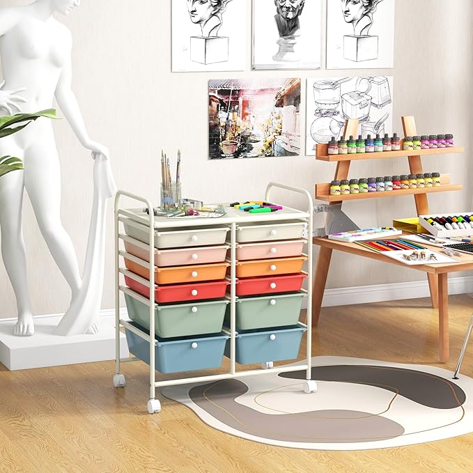 COSTWAY 12-Drawer Rolling Storage Cart, Moveable Art Craft Organizer W/Lockable Wheels, Metal Shelf, Files Arrangement Tools Makeup Storage Cart for Office, Home, School, Macaron