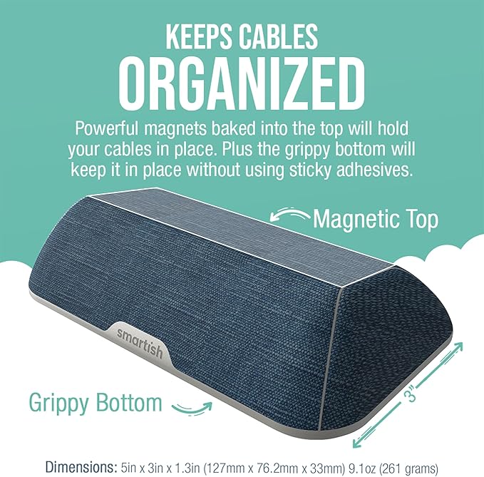 Smartish® Magnetic Cord Holder - Bigger Cable Wrangler Organizer with Magnet Clips for Charger Management on Desktop, Nightstand - Holds 6+ Cables - Blue Jeanie
