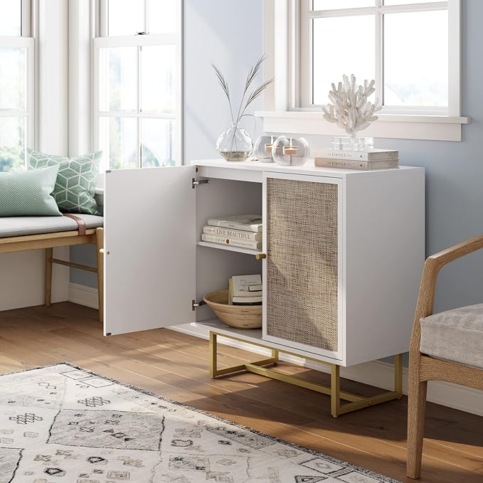 Nathan James Kova Rattan Wood Accent Natural Sideboard Storage Cabinet TV Stand with Matte Metal Frame, Adjustable Shelves and Cane Doors, for Hallway, or Living Room, White/Cane/Brass, Set of 2