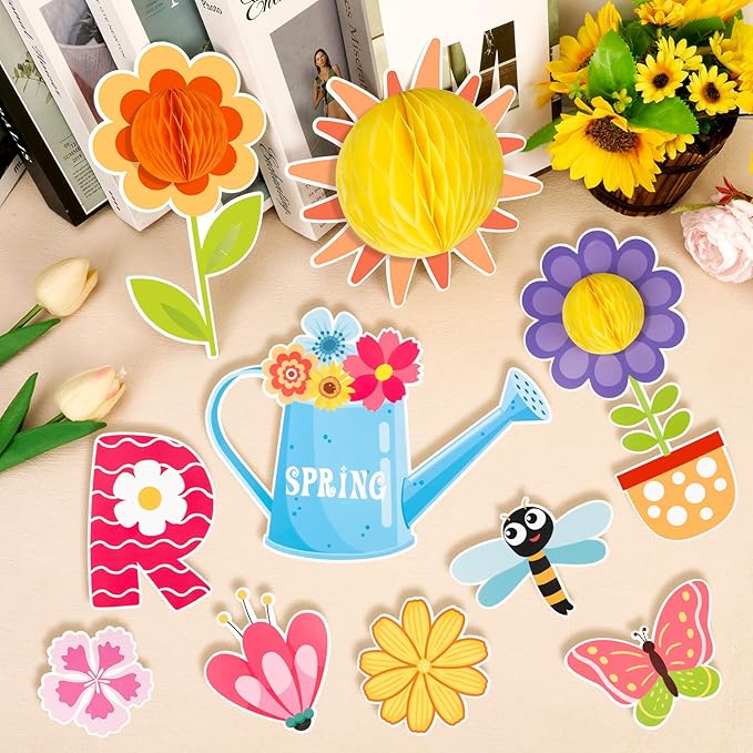 Konsait Spring Bulletin Board Decorations, 59Pcs Raindrop Flower Hello Spring Bulletin Board Decorations Set, Spring Cutouts for Classroom Office Home Wall Blackboard Door Decorations